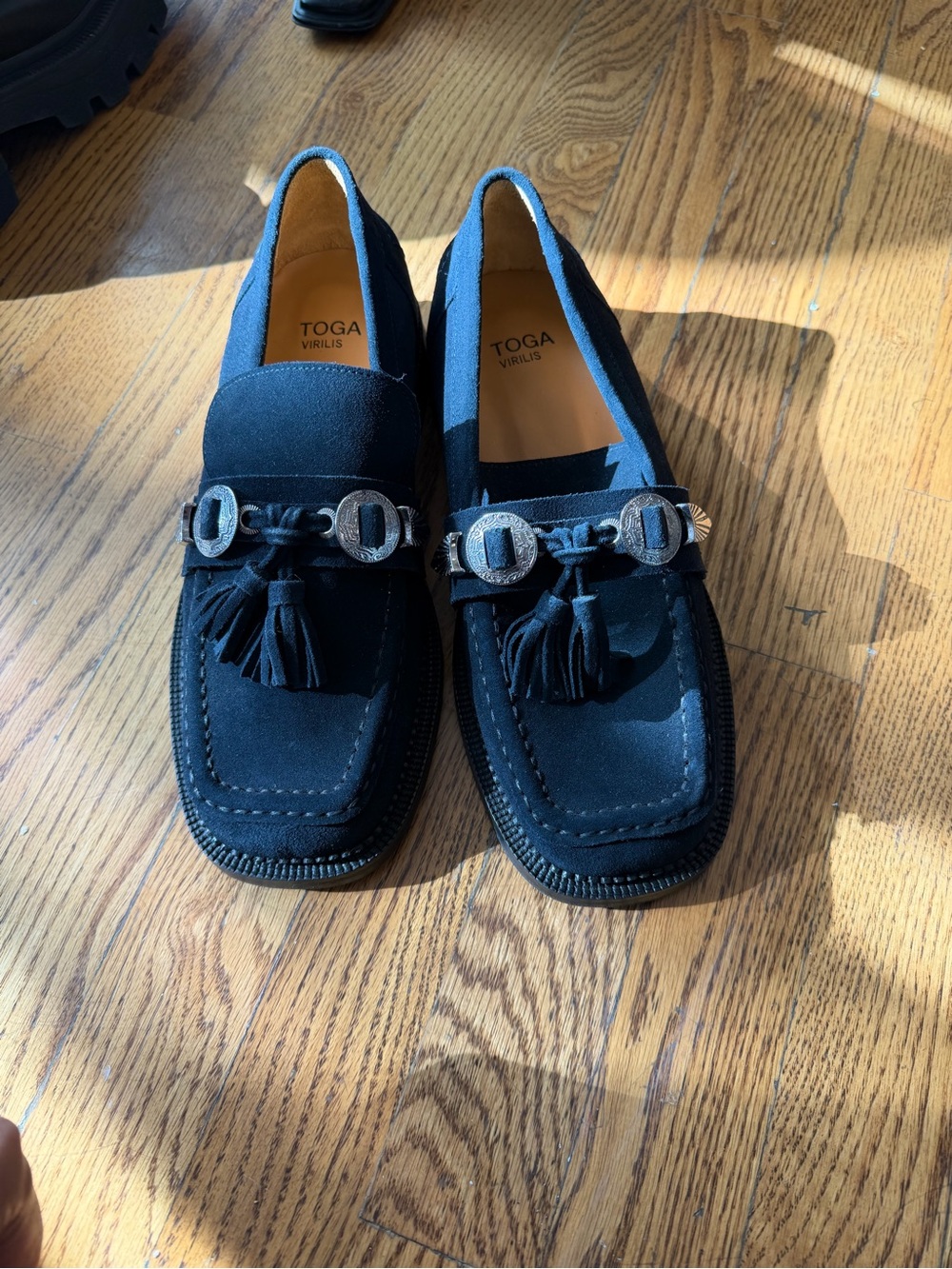 TOGA Pulla Black Suede Tassel Loafers with Silver Hardware